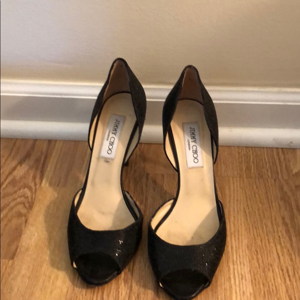 Jimmy Choo 3 inch black sparkle heels.